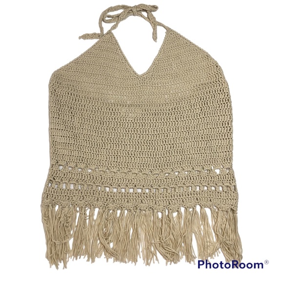 Umgee Tops - Umgee Beige Crochet Halter Top Sz L Boho Tassels